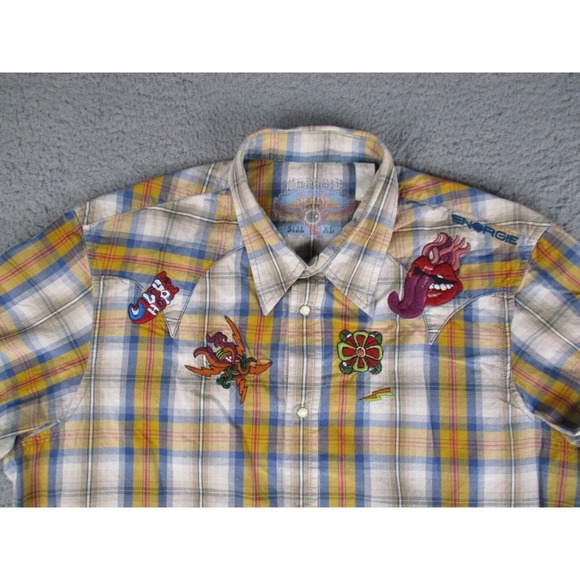 Energie Shirt Mens XL Multicolor Western Pearl Snap Button Plaid Embroidered - Picture 2 of 16